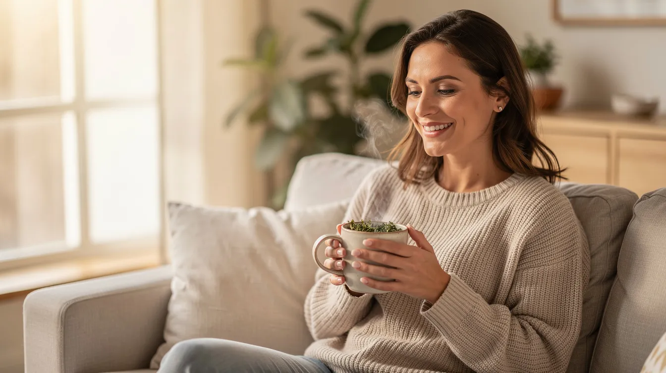 Une femme souriante tient une tasse de tisane dans un environnement lumineux et apaisant, évoquant une atmosphère de bien-être et de sérénité. Son sourire reflète une tranquillité, tandis que la lumière douce met en valeur les détails de son visage et de son environnement.