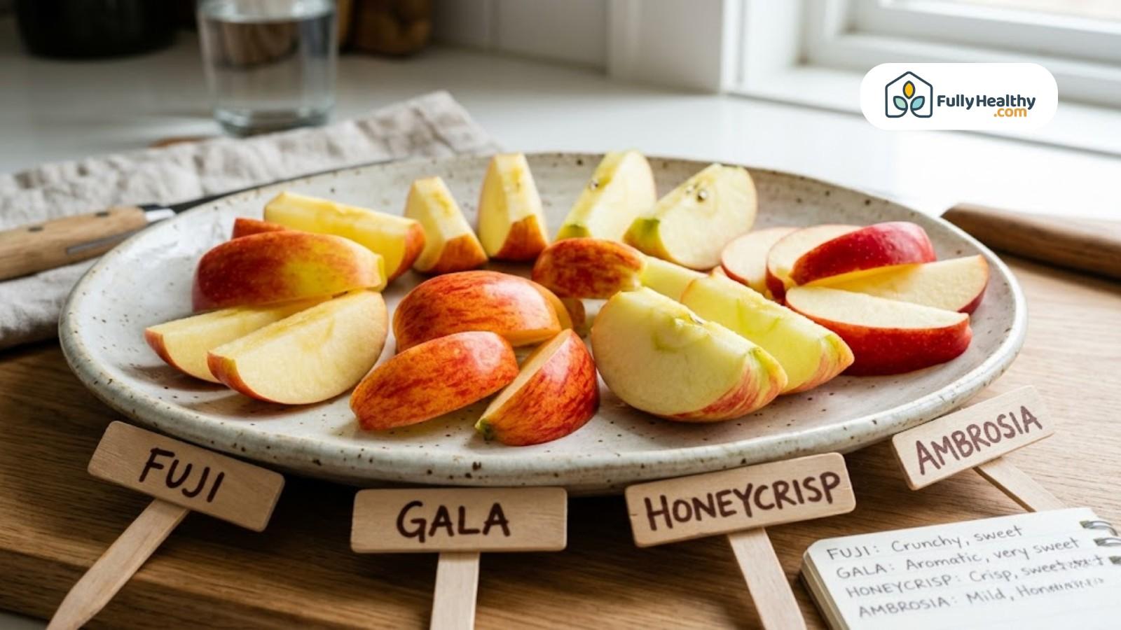 Assorted apple slices labeled Fuji, Gala, Honeycrisp, Ambrosia on plate