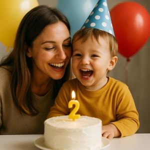 En lycklig tvååring firar sin födelsedag med mamma, ballonger och ett stort leende – en dag fylld av glädje, kärlek och tid tillsammans.