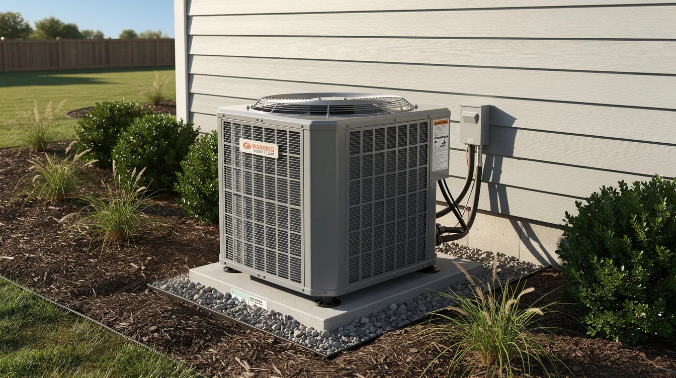 The image depicts an outdoor air conditioning condenser unit surrounded by well-maintained landscaping, ensuring adequate clearance for optimal airflow. This setup is crucial for maintaining system efficiency and preventing issues like refrigerant leaks and clogged filters, which are important aspects of regular HVAC maintenance.