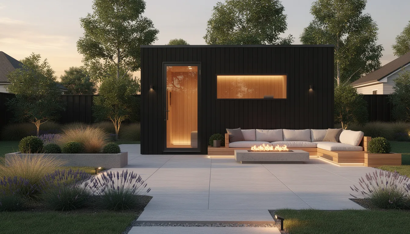 The image showcases a modern backyard sauna retreat featuring sleek black cedar cladding, surrounded by a beautifully landscaped seating area that invites relaxation. This stylish outdoor sauna environment emphasizes wellness, offering a perfect setting for sauna sessions and stress relief in a private retreat.