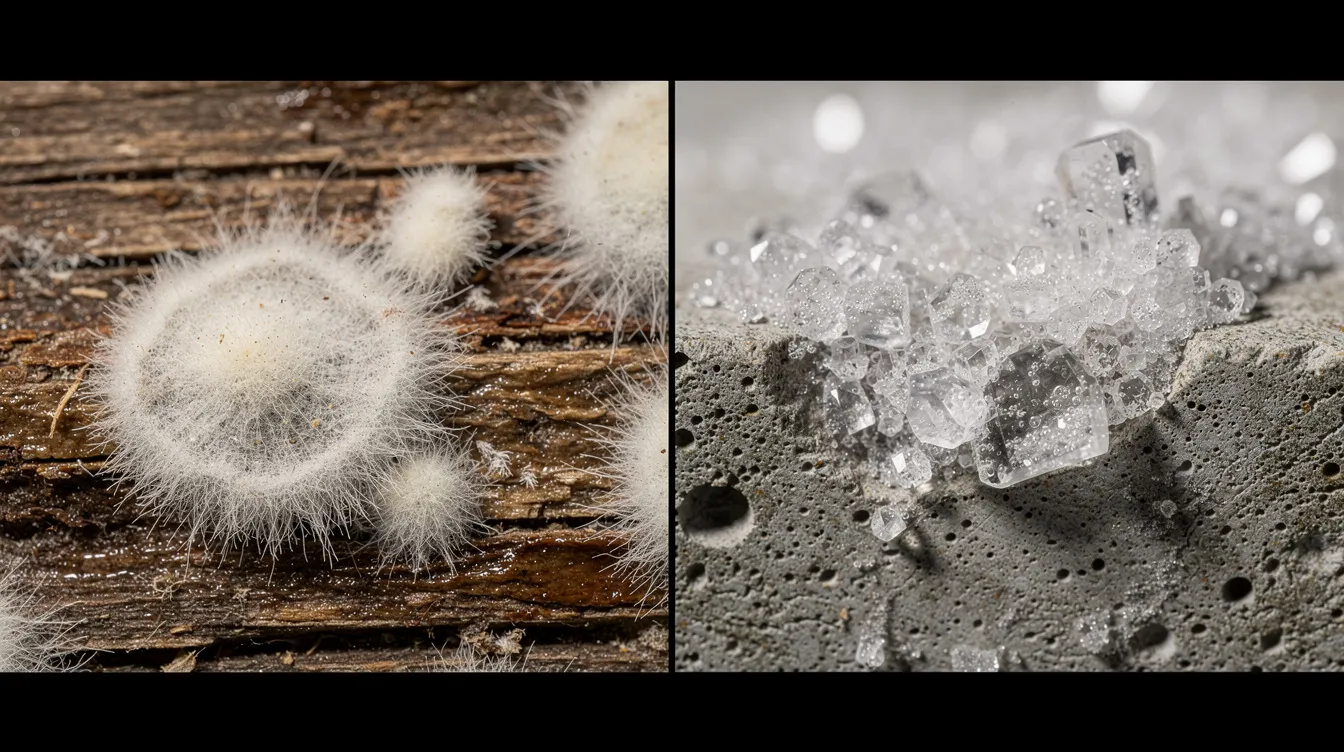 The image shows a close-up comparison of fuzzy white mold patches on wood, highlighting white mold growth, alongside crystalline mineral deposits on concrete, which may indicate moisture problems. This visual emphasizes the health risks associated with mold spores in damp environments, particularly in areas with poor ventilation.