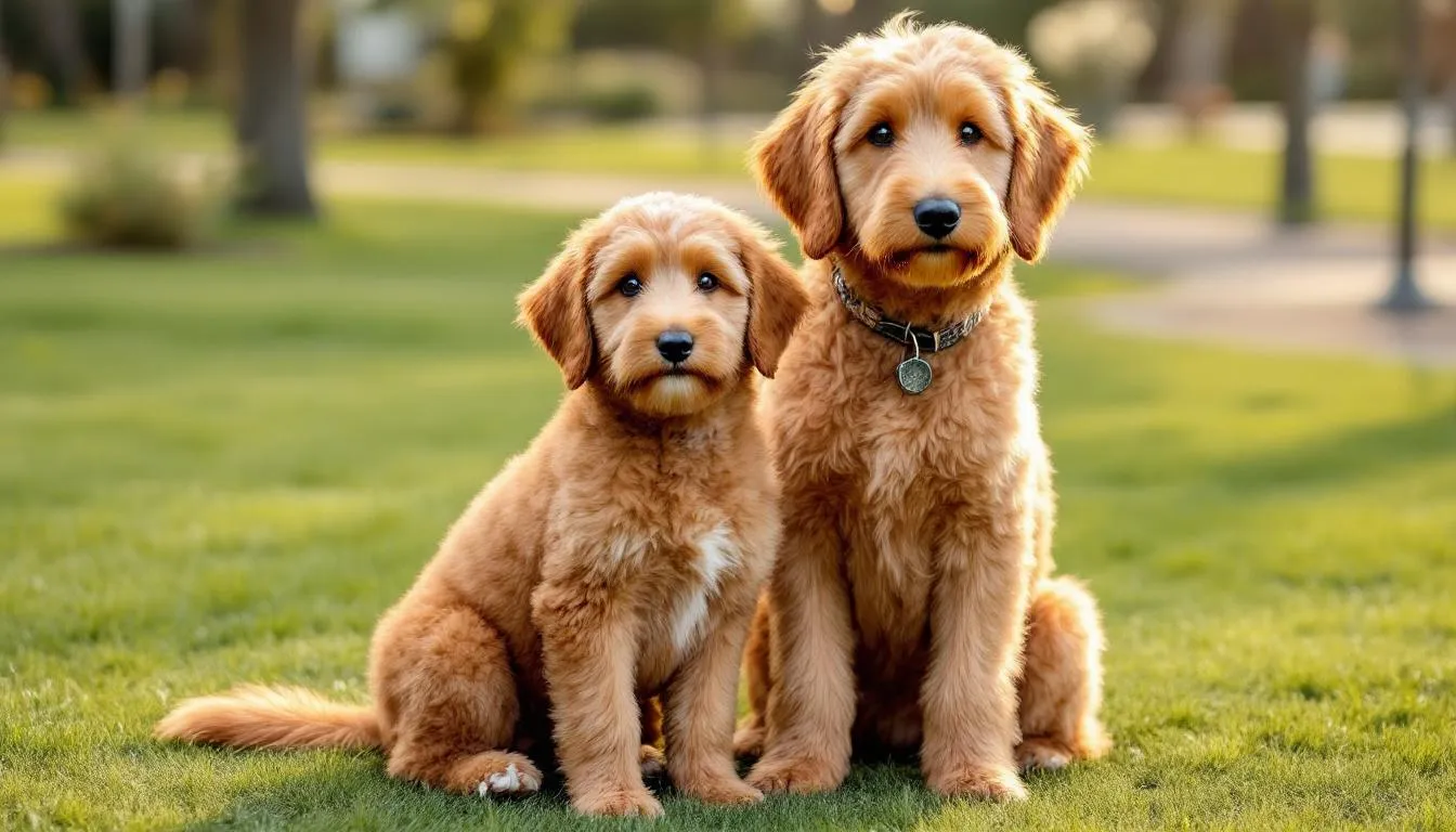 The image shows a size comparison between an adult micro goldendoodle and a standard goldendoodle, highlighting the differences in their stature. Both dogs exhibit playful and affectionate natures, typical of goldendoodles, and are positioned side by side to emphasize their varying sizes.