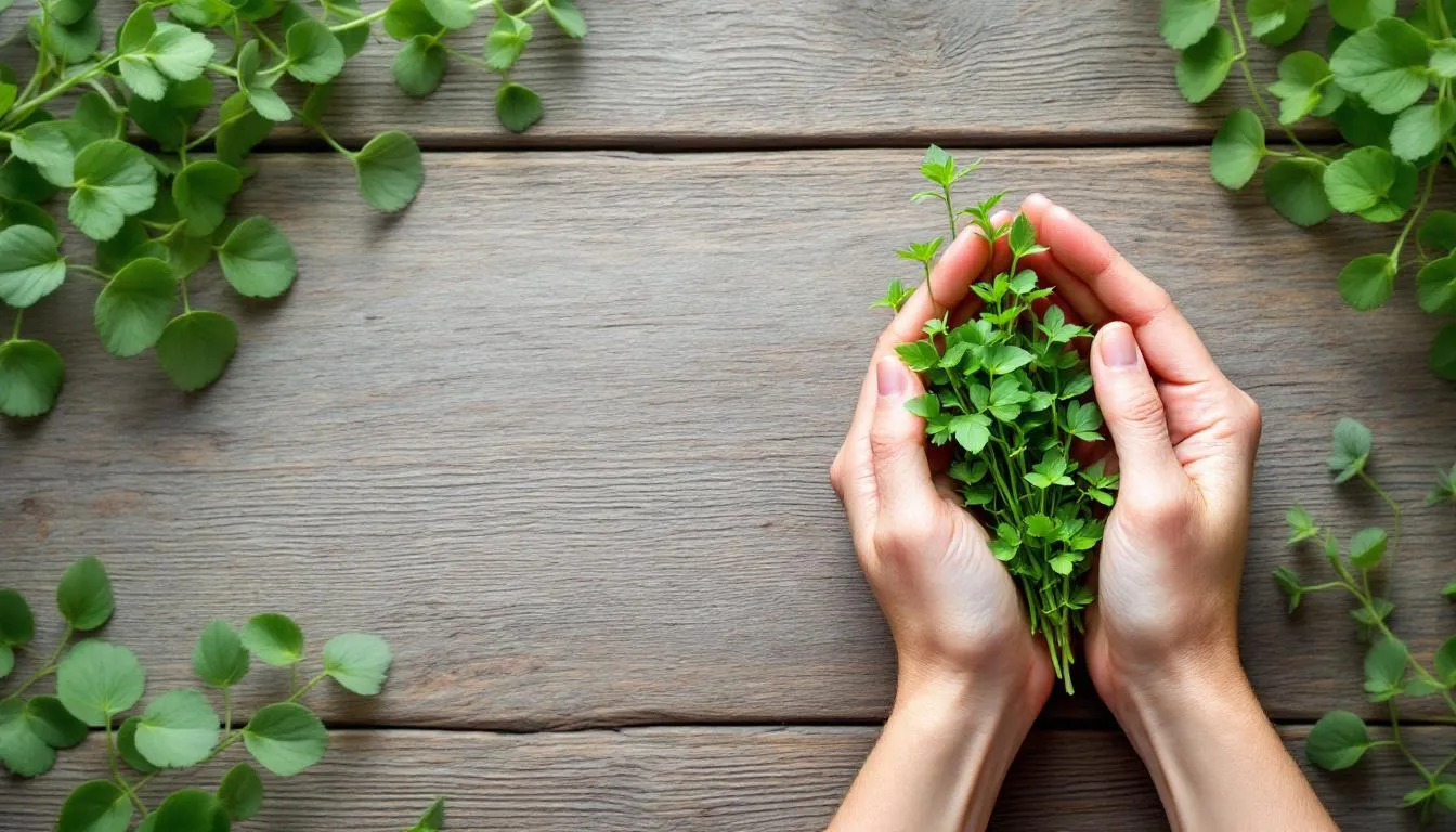 The image shows hands gently holding fresh green chickweed plants, showcasing their delicate leaves and white flowers against a natural background. This vibrant chickweed herb, known for its potential health benefits, is often used in herbal remedies and chickweed tea for soothing skin irritation and reducing inflammation.
