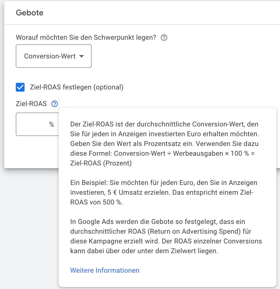 Beim Conversion Wert maximieren kannst du einen Target ROAS festlegen