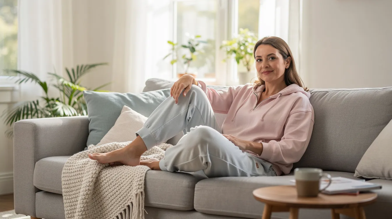 Eine Frau in bequemer Baumwollkleidung sitzt entspannt auf einem Sofa in einer hellen, freundlichen Umgebung. Sie strahlt Ruhe aus, während sie möglicherweise über Hausmittel gegen Scheidenpilz nachdenkt, um Beschwerden im Intimbereich zu lindern.