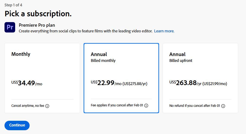 Prcing Plans For Adobe Premiere Pro Video Editor.
