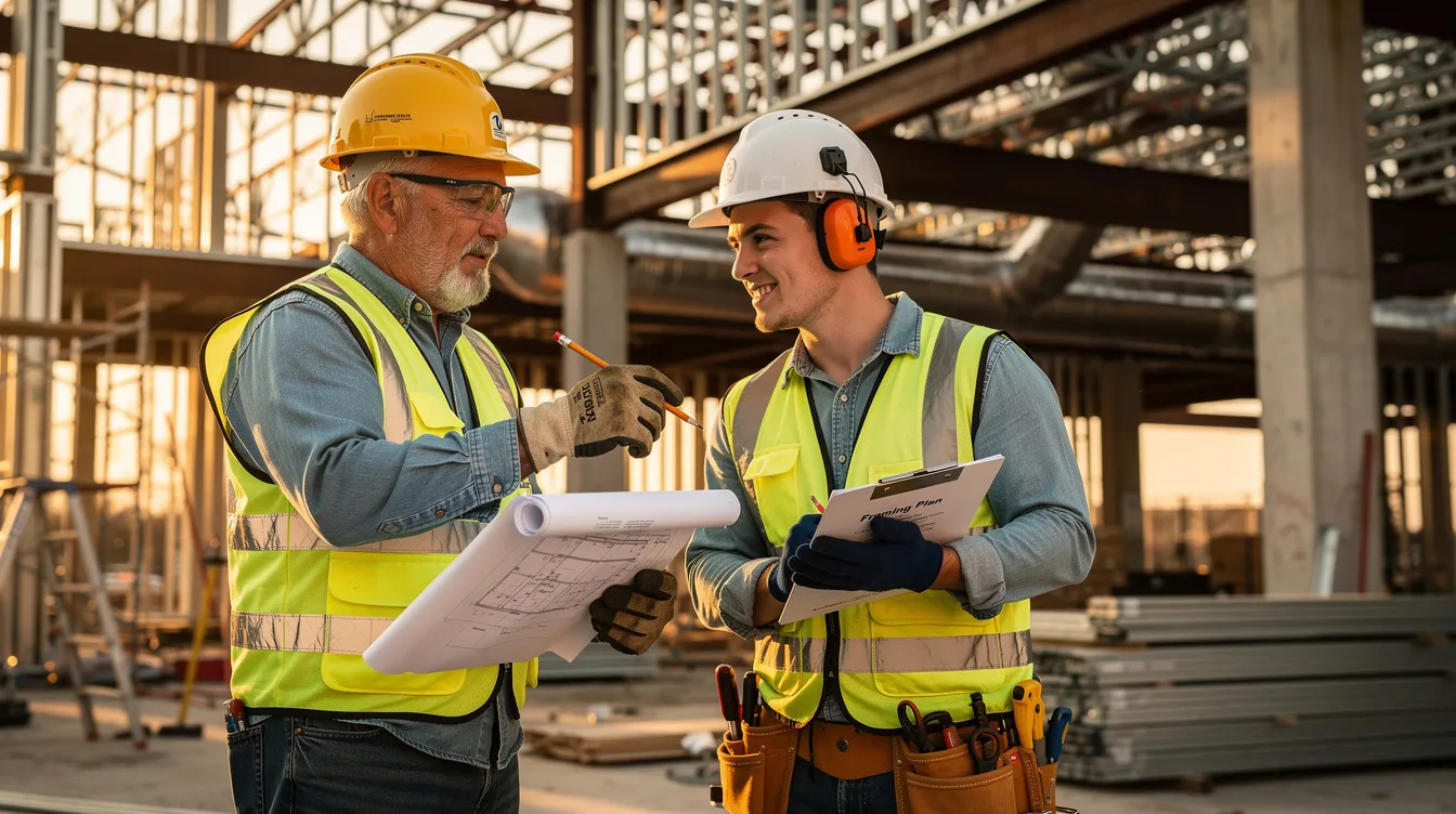 An experienced construction worker is mentoring a younger apprentice on a jobsite, as they closely examine building components together. This interaction highlights the importance of skills and communication in enhancing labor productivity within the construction industry.