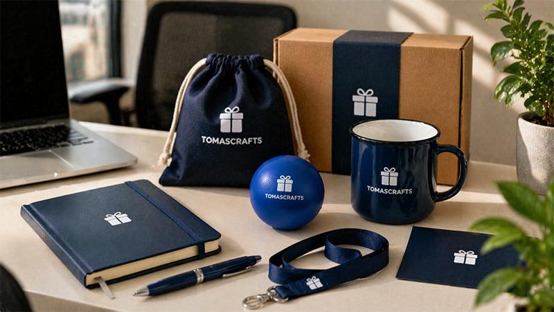 New hire welcome kit with promotional stress ball, notebook, pen, lanyard, and mug
