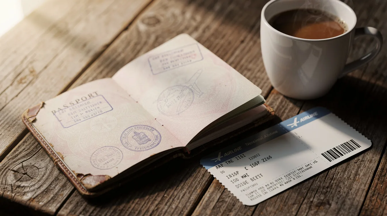 An open passport displaying a valid visa lies next to a boarding pass on a wooden table, accompanied by a coffee cup, suggesting preparation for a trip to Schengen countries. The scene evokes the excitement of travel, highlighting essential documents for entering the Schengen area.