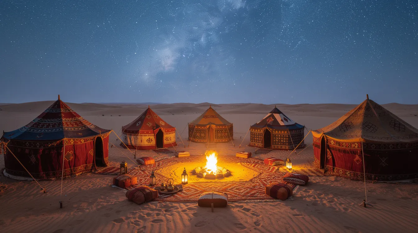 A traditional desert camp in the Sahara Desert features colorful Berber tents arranged around a central gathering area, all set beneath a starlit sky, creating a stunning backdrop for an unforgettable journey. This immersive experience offers a glimpse into the culture and beauty of southern Morocco, where guests can enjoy the desert luxury camp atmosphere and witness breathtaking sunsets over the golden dunes.