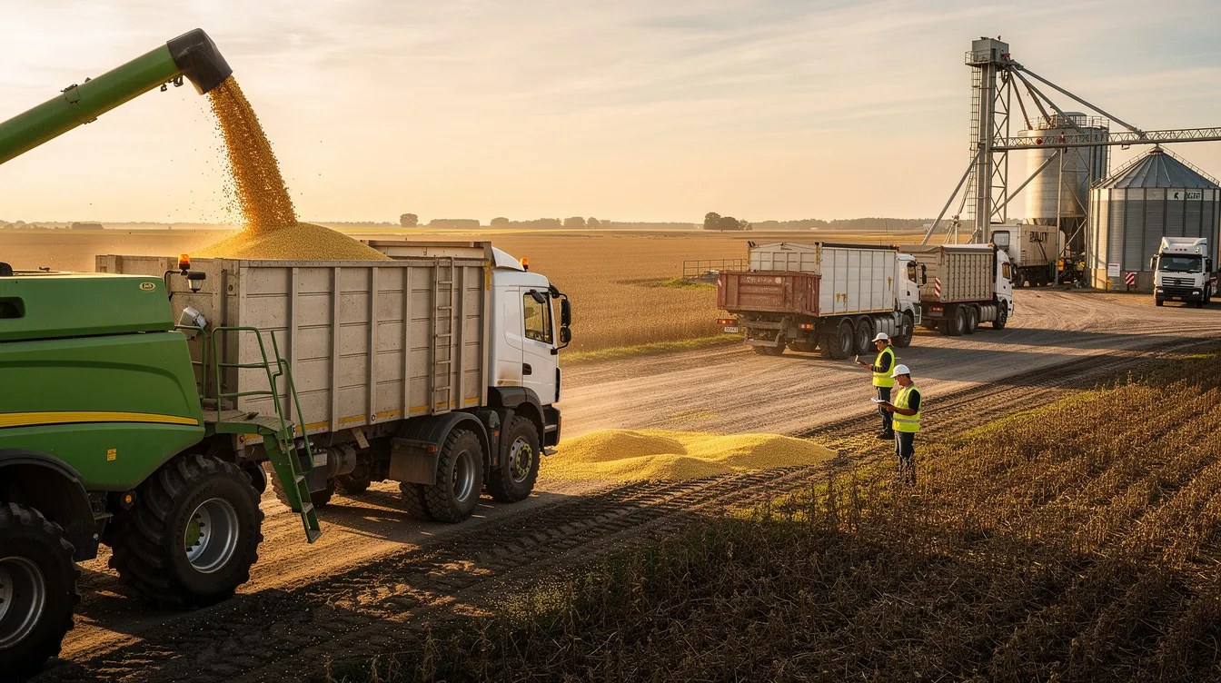 69c8991e b7e2 40cd a900 40f4707b07cd The image shows harvested soybeans being loaded onto transport trucks at an agricultural collection point, highlighting the efficient process of preparing oil-bearing material for further processing in a solvent extraction plant. This step is crucial for maximizing oil content and ensuring the quality of extracted oil for the market.