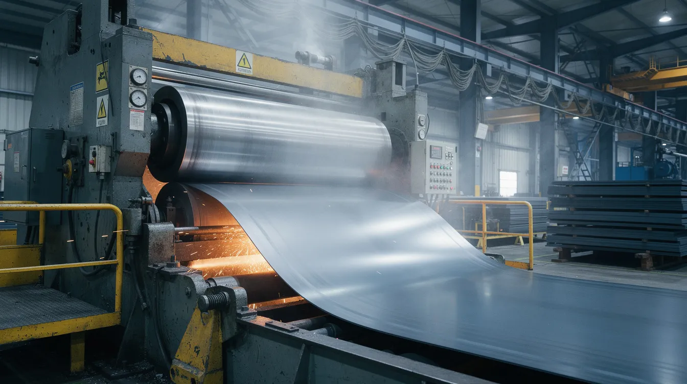 An industrial metal rolling machine, also known as a slip roll machine, is shown in a factory setting, forming a curved steel sheet. This sheet metal roller is designed to bend thicker materials, demonstrating its capacity to manipulate various metal types such as steel, aluminum, and brass into specific shapes.