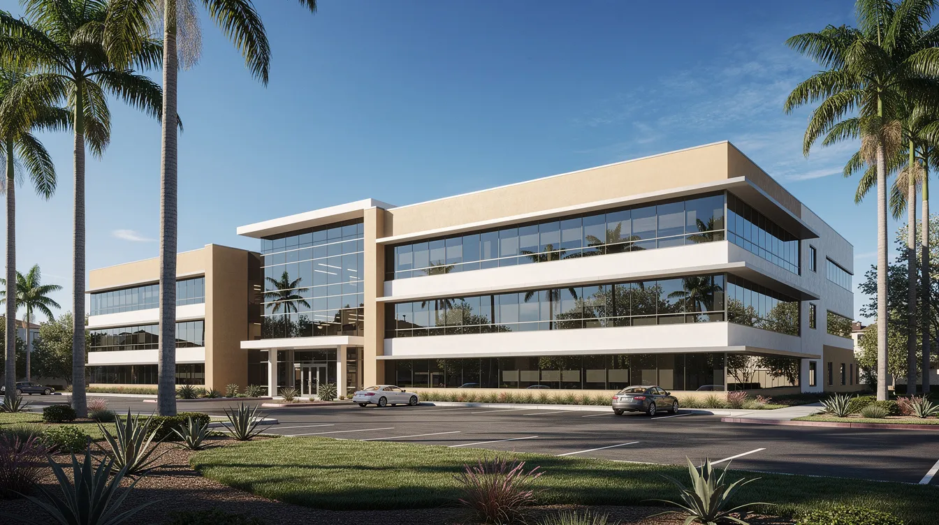 The image depicts a low-rise modern office building in Southern California, surrounded by palm trees under a clear blue sky, representing an ideal office space for startups and growing teams. This inviting exterior suggests a vibrant community where entrepreneurs can collaborate and thrive in a comfortable and stylish environment.