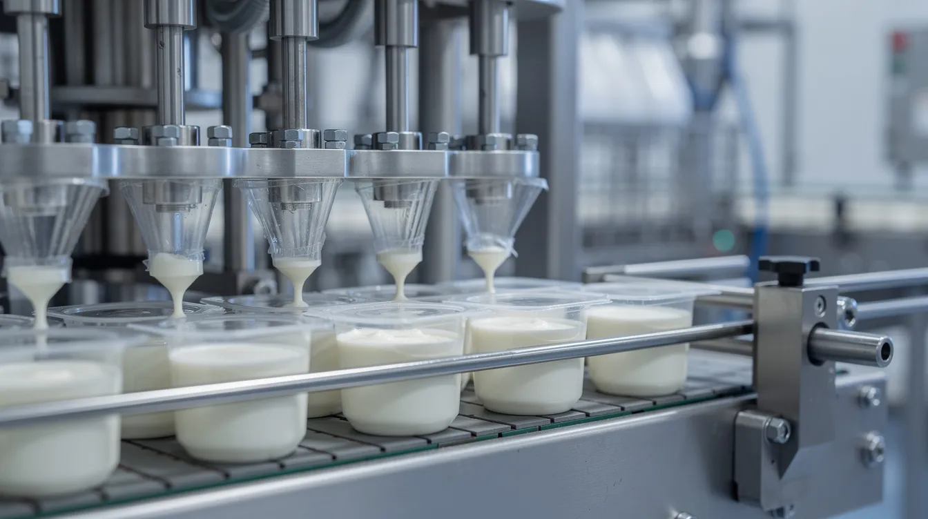 69cb4cd4 e46e 4e11 b7fd 67e96a0cd601 The image shows a close-up of an automated dairy cup-filling and sealing machine operating on a production line, illustrating the advanced technology used in dairy processing. This equipment ensures consistent quality and efficiency in the packaging of various milk products, highlighting its role in the dairy industry’s efforts to maintain food safety and optimize production costs.