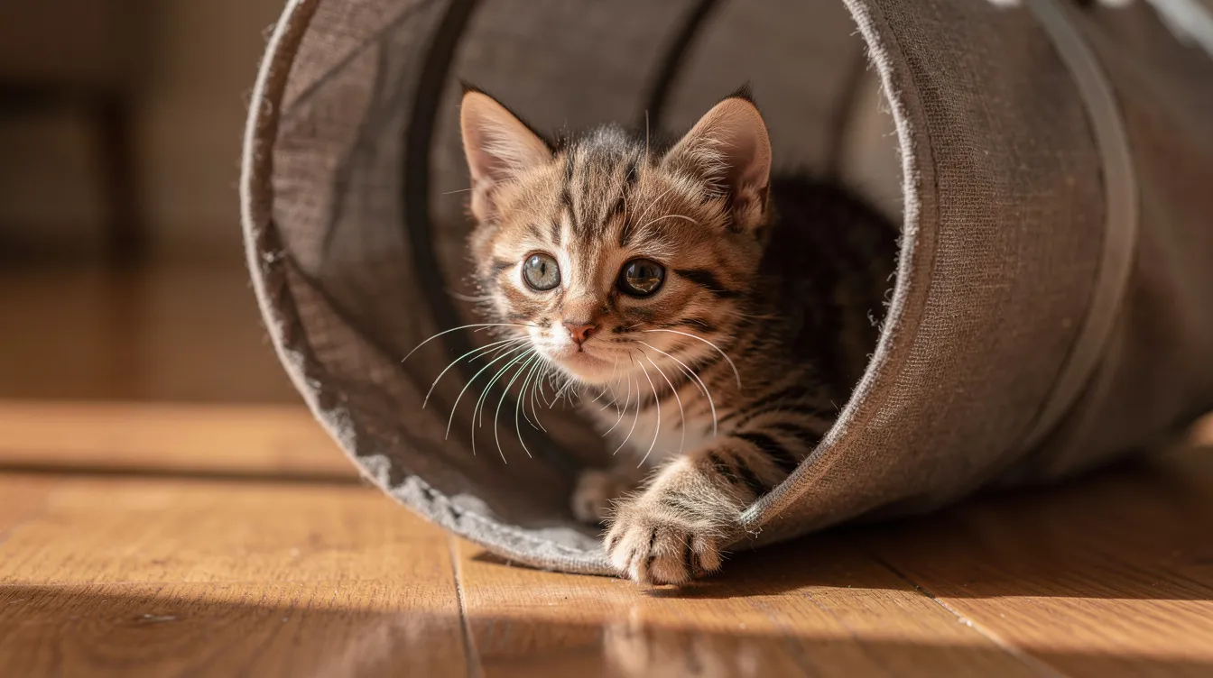 A small tabby kitten is peeking out of a round, soft fabric cat tunnel on a hardwood floor, showcasing its playful curiosity. This fun play tunnel features two peepholes, perfect for indoor cats to explore and hide while they chase plush ball toys.