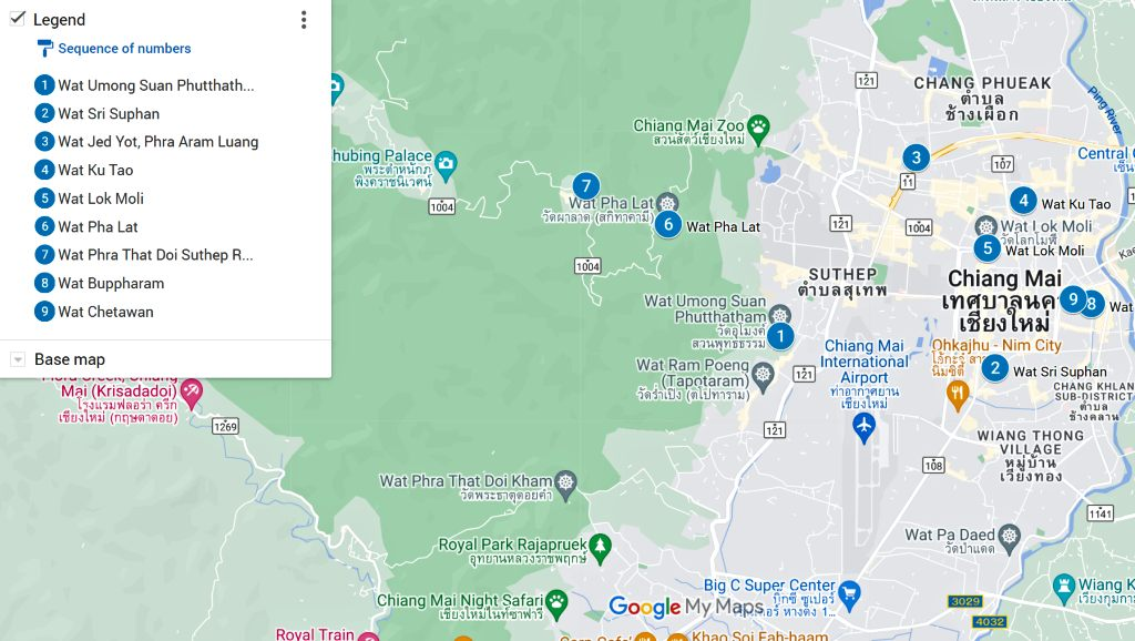 Map of the best Chinag Mai temples to visit outside the old city's walls