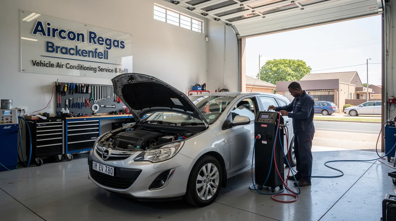 The image depicts a technician servicing a car aircon system in Brackenfell, focusing on the compressor and ensuring the proper gas supply for optimal performance. The technician's tools are laid out nearby, highlighting the maintenance and repairs involved in keeping the air conditioning system functioning efficiently.