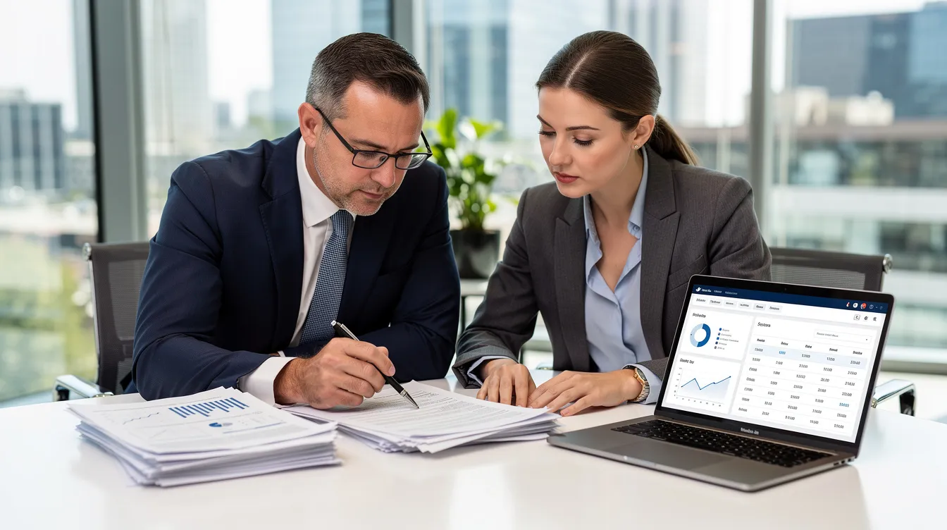 The image shows two business professionals engaged in a focused discussion while reviewing stacks of documents and a laptop screen in a modern office setting. They appear to be strategizing on complex civil litigation matters, possibly related to business disputes or federal litigation, highlighting their roles as trial attorneys or commercial litigation lawyers.