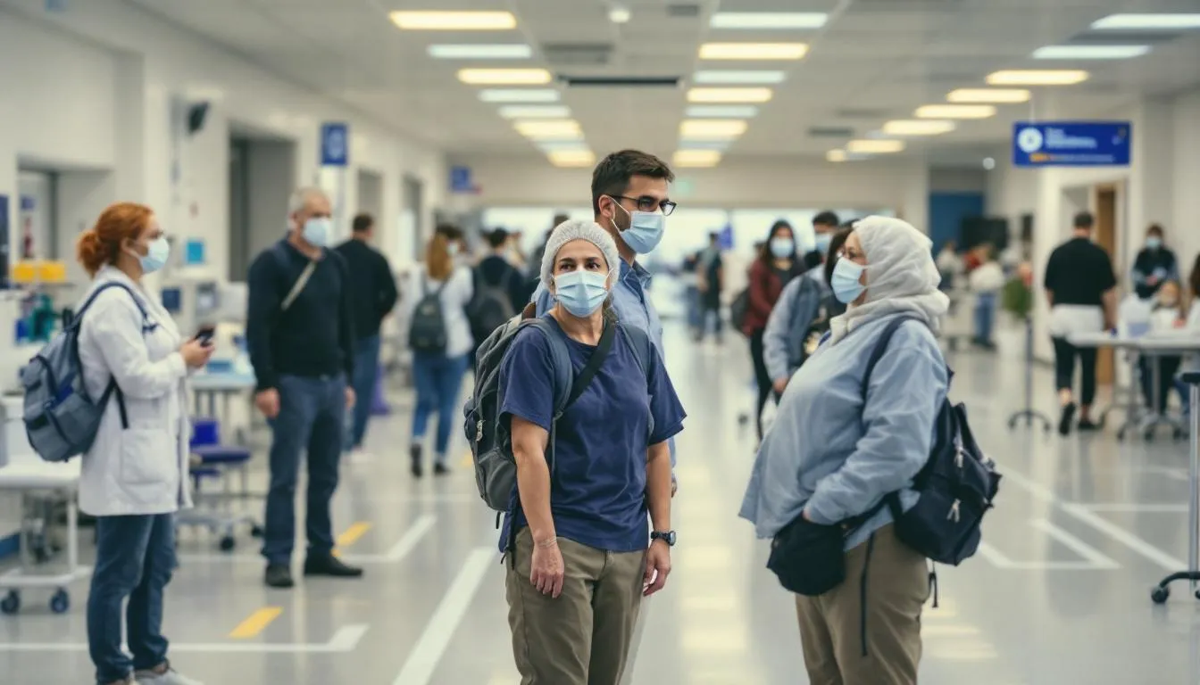 The image depicts a group of people maintaining social distance while waiting in a testing scenario, highlighting the importance of disease control during an infectious disease outbreak. Each person appears cautious, reflecting the public health measures necessary to prevent the spread of infections like COVID-19 during the incubation period.