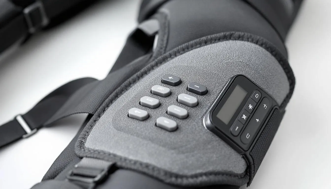 A close-up view of the nooro knee massager displays its adjustable straps and control interface, designed to alleviate knee pain and promote muscle relaxation. This portable device combines heat therapy and red light therapy, offering soothing relief for those experiencing chronic knee discomfort or stiffness.
