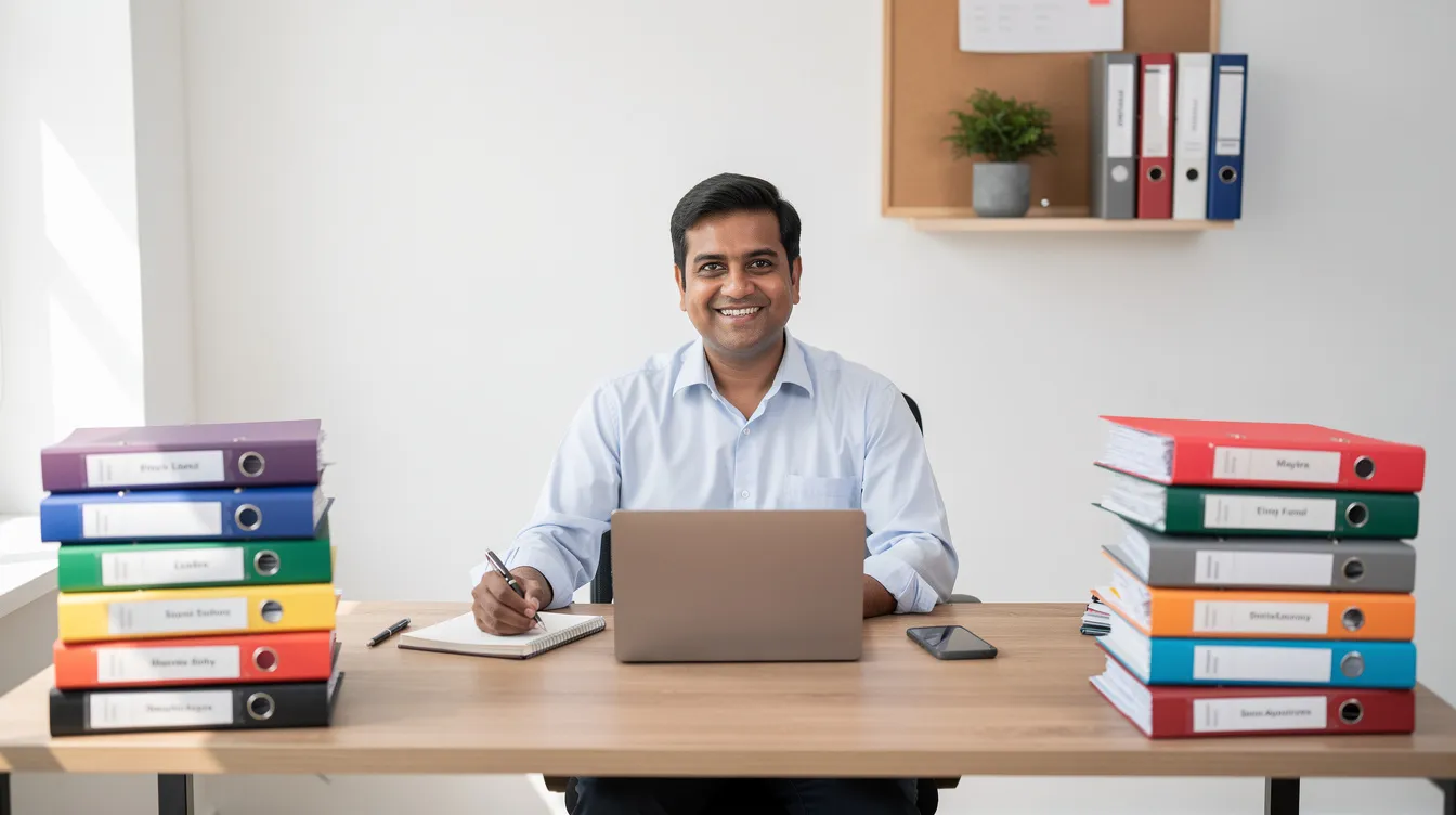 69d75ee8 0b96 4baf b055 552be2c2c5ed An Indian small business owner sits at a desk surrounded by organized file folders and a laptop, focused on managing their financial situation. The scene reflects the personal loan verification process, highlighting the importance of required documents like income proof and address proof for securing a loan.