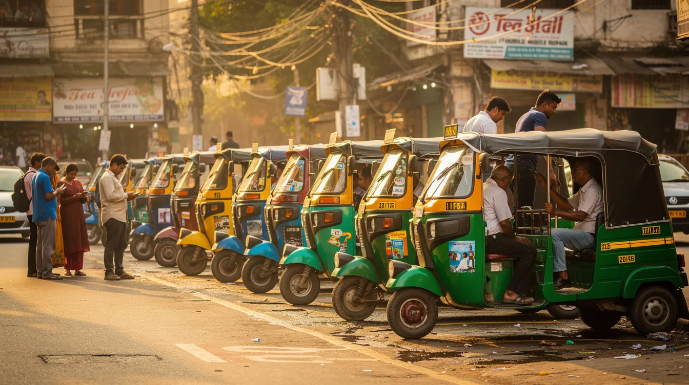 69d9b5a2 2132 42e6 adf0 adbc200d9d08 A row of auto rickshaws is parked at a busy city stand, with passengers waiting to board. This scene reflects the vibrant urban transport system, highlighting the importance of small finance banks and micro enterprises in providing financial assistance for vehicles through schemes like the Pradhan Mantri Mudra Yojana.