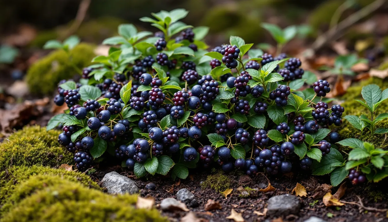 The image depicts European bilberry bushes adorned with dark purple bilberry fruit, growing in rich woodland soil surrounded by greenery. These plants, known for their powerful antioxidants, contribute to the natural landscape and are associated with various health benefits, including support for vision and blood sugar management.