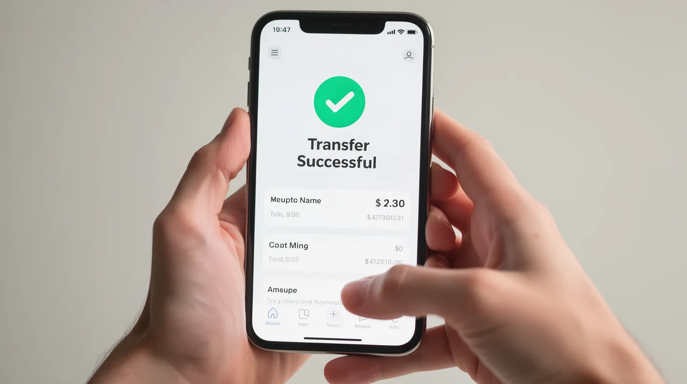 A pair of hands holds a smartphone displaying a successful money transfer confirmation screen, featuring a prominent green checkmark, indicating a completed transaction to send money from Australia to the Philippines. The screen highlights the ease of online money transfer with just a few taps, reassuring users of the delivery method and recipient's details.