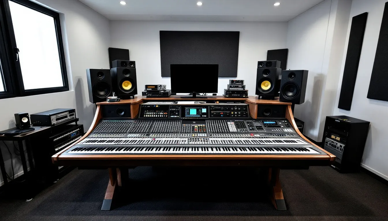 An audio mixing console sits prominently in a recording studio, featuring various knobs and sliders designed for precise sound control. The setup showcases an array of accessories that cater to audio production, creating an environment where customers can learn and enhance their mixing skills.