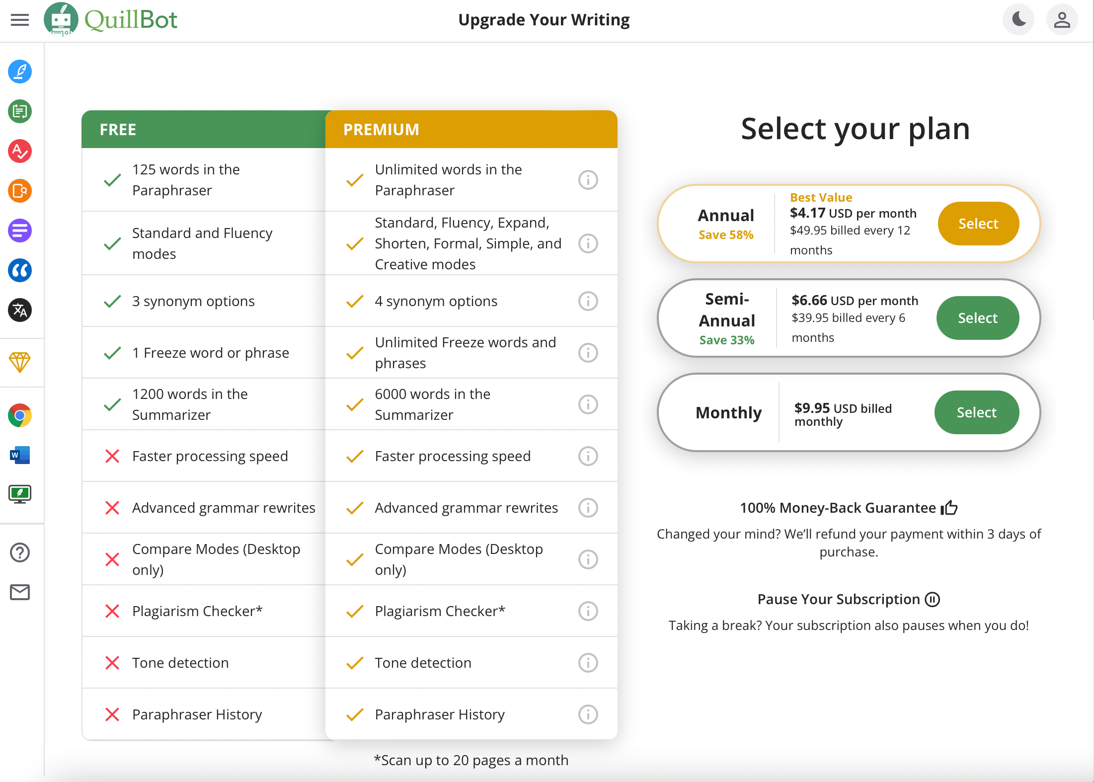 Quillbot Plans and pricing