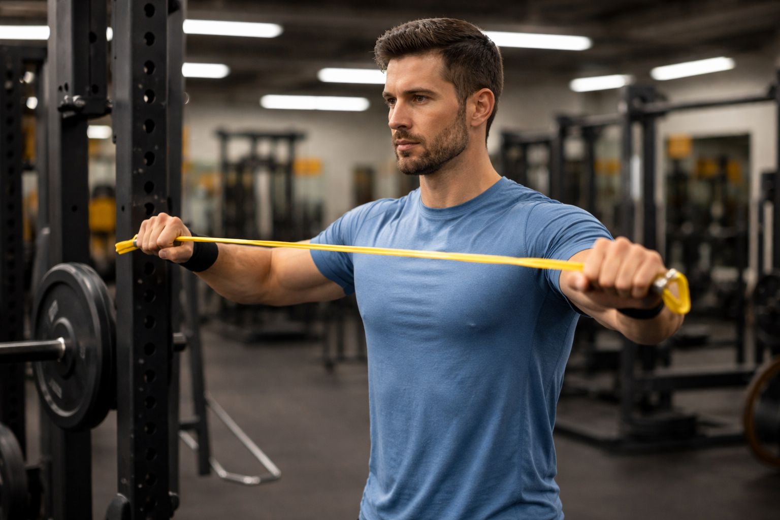 Man performing a shoulder tendonitis workout using resistance bands to strengthen shoulder muscles safely in a gym