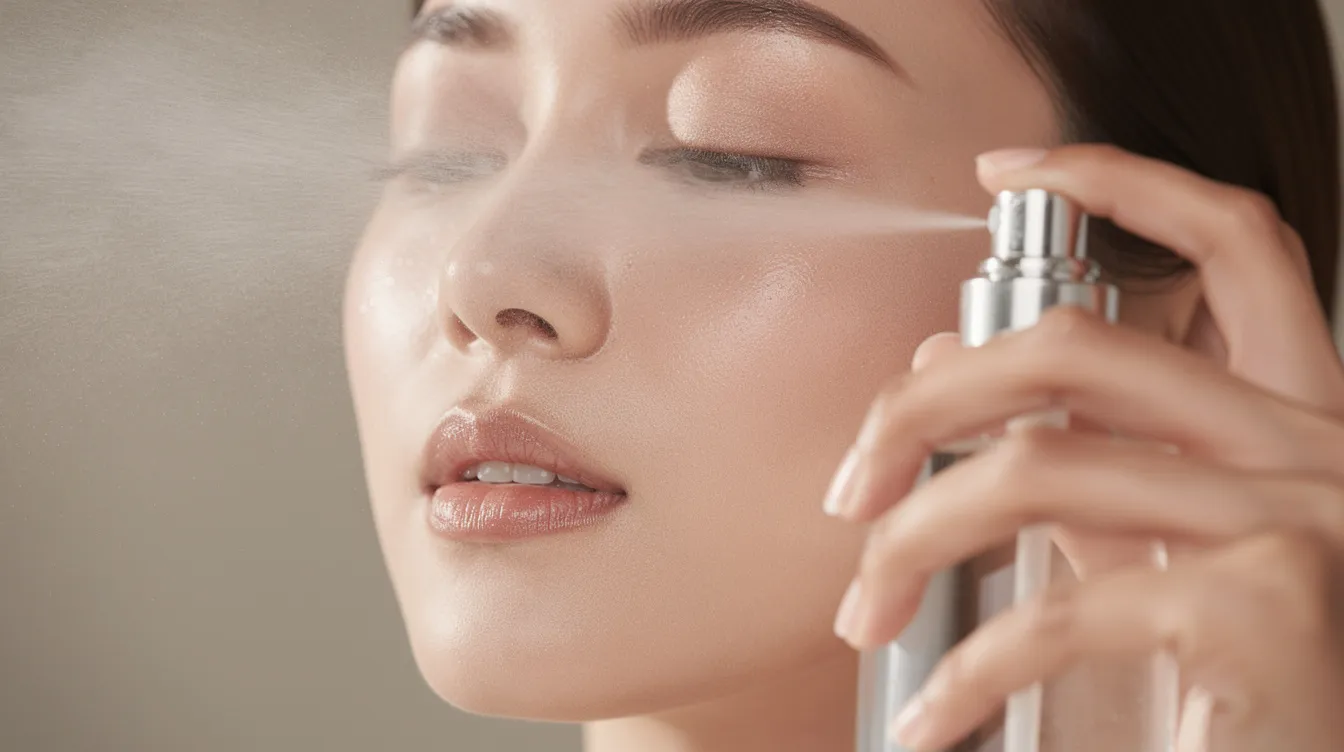 A close-up image shows a person gently misting their face with a hypochlorous acid spray bottle, enhancing hydration and helping to protect the skin barrier.