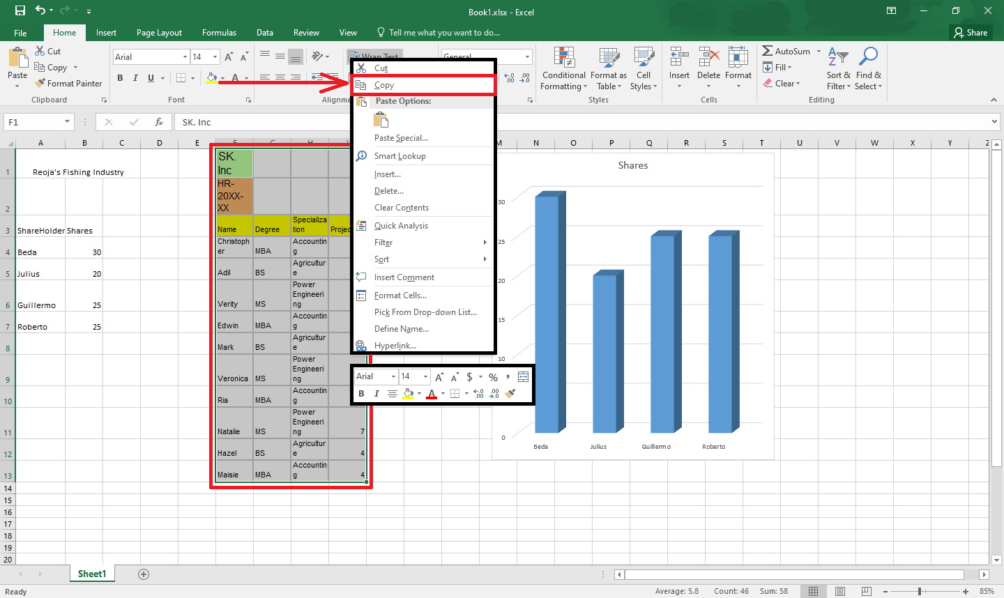 Copy your Excel spreadsheet in your Excel file.