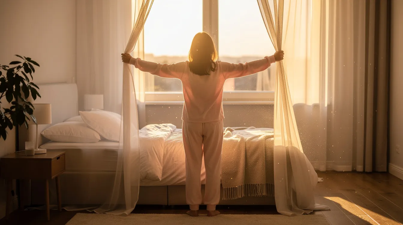 A person is opening curtains in a bedroom, allowing bright morning sunlight to stream in, symbolizing the start of a new day. This act can help improve sleep quality by aligning with the body&rsquo;s internal clock and promoting a healthy sleep routine for morning people or early risers.