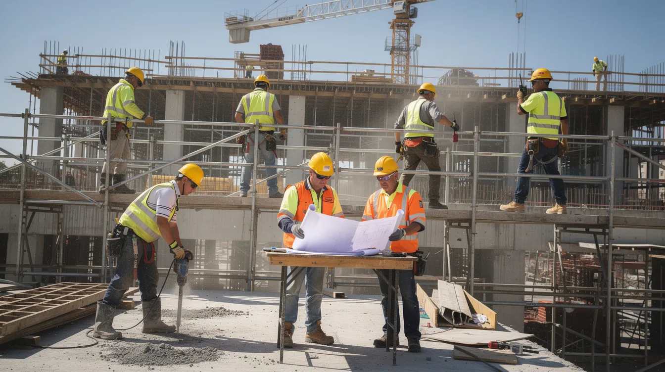 The image depicts construction workers on a job site, wearing helmets and safety gear to ensure their protection while working. It highlights the importance of safety measures in the workplace, particularly in construction, to prevent accidents and injuries.