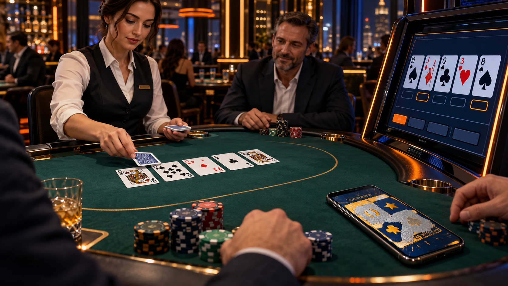 Pokertafel met dealer, videopokerautomaat en digitaal kraslot op een telefoon.
