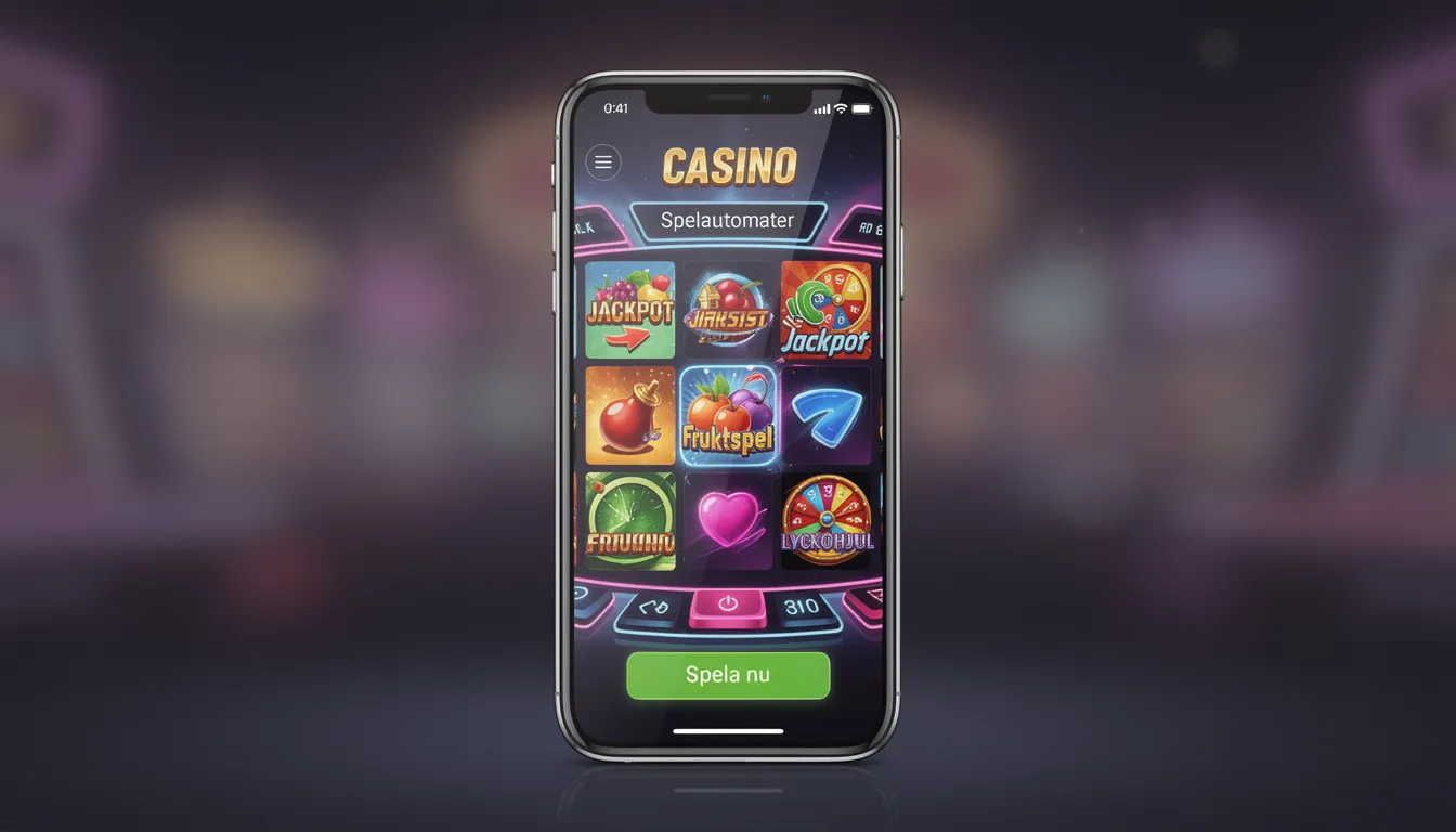 En smartphone visar ett modernt casino-gränssnitt med spelautomater, där användaren kan navigera mellan olika spel och funktioner hos Onerush Casino. Skärmen visar även alternativ för insättningar och uttag, inklusive Swish och Trustly, vilket gör det enkelt att börja spela.