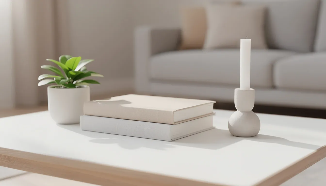 En minimalistisk dekoration på ett soffbord i trä, där staplade böcker, en liten grön växt och en dekorativ ljusstake skapar en stilren och harmonisk känsla. Denna enkla men eleganta arrangemang passar bra i ett vardagsrum och ger en trevlig atmosfär.