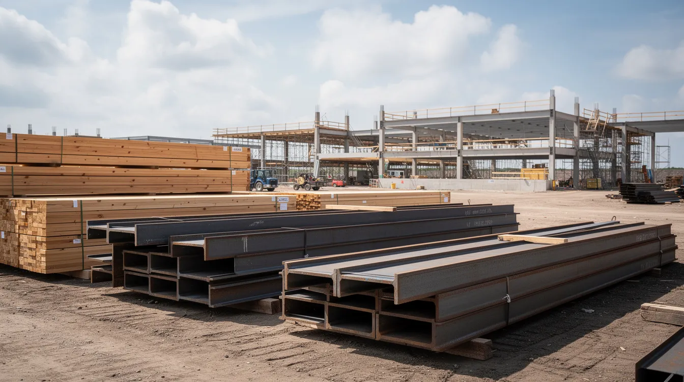 The image depicts a construction site featuring stacked steel beams and lumber under a partly cloudy sky, highlighting essential construction materials that play a crucial role in managing material costs and procurement processes. This scene represents the unique challenges and strategies faced by contractors in the construction industry, particularly regarding material prices and project timelines.