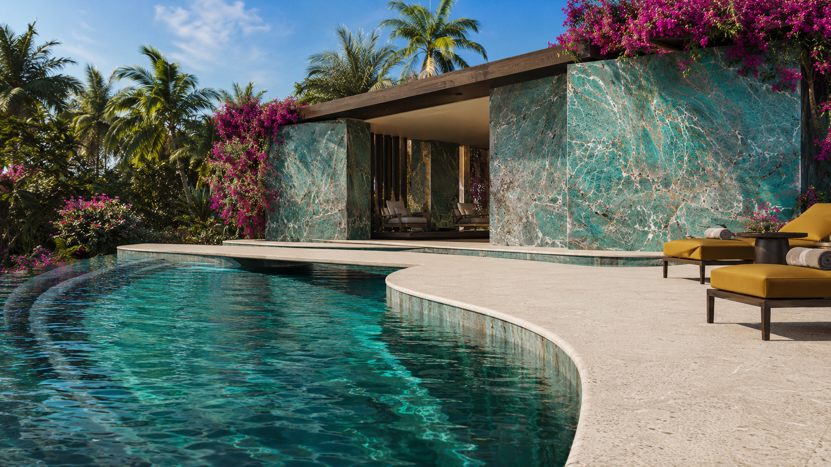Curved pool deck with pale outdoor tile and an emerald stone pavilion.