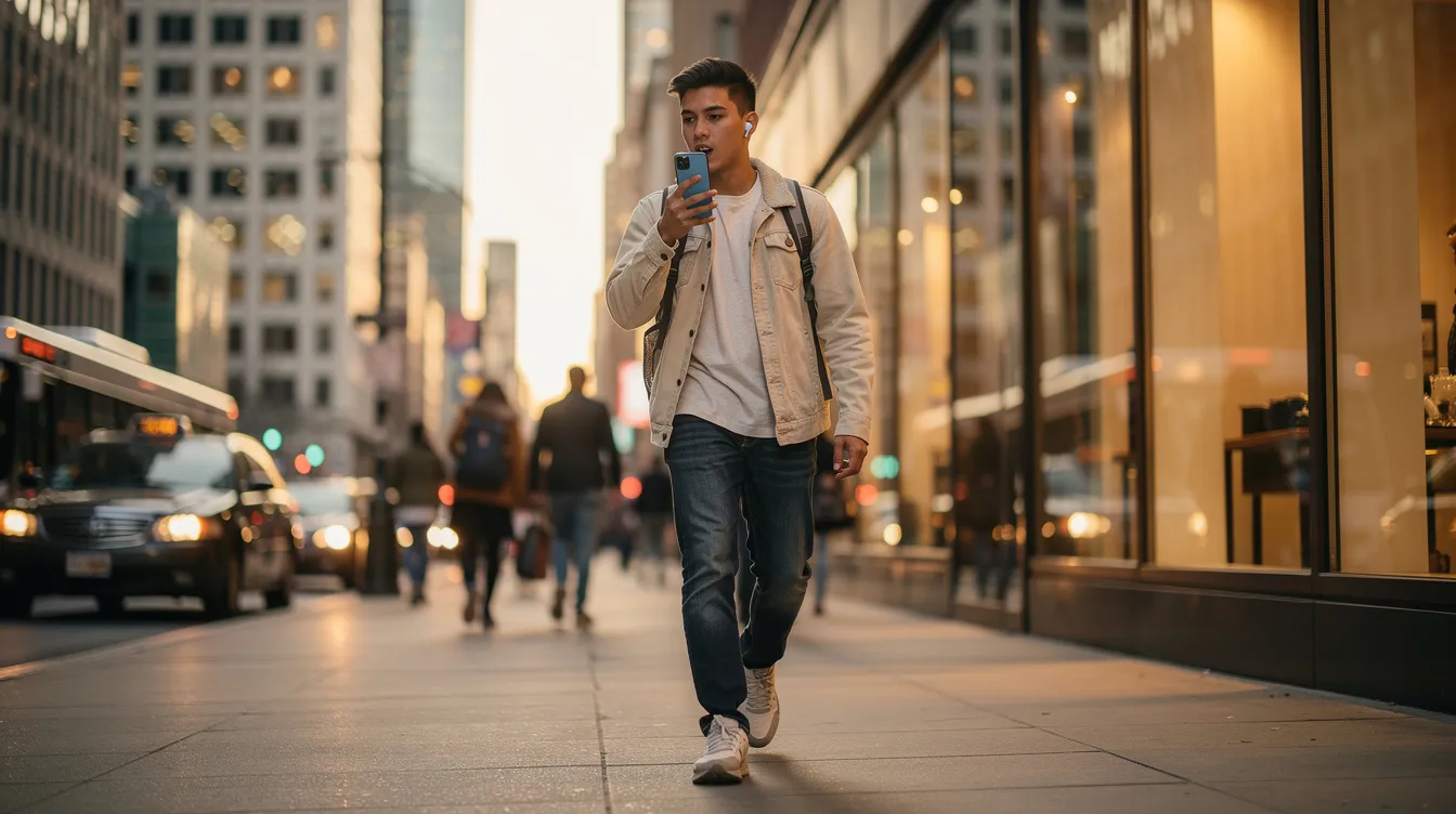 A person is seen walking down a bustling city street, engaging with a voice assistant on their smartphone, showcasing the integration of technology in daily life. This image reflects the importance of digital marketing tools for local businesses in connecting with their customers effectively.