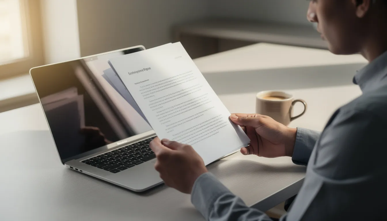 A person is seated at a desk, intently reviewing documents with a laptop open in front of them and a coffee cup beside it. This scene suggests a focus on legal matters, possibly related to motorcycle accident claims or personal injury cases.