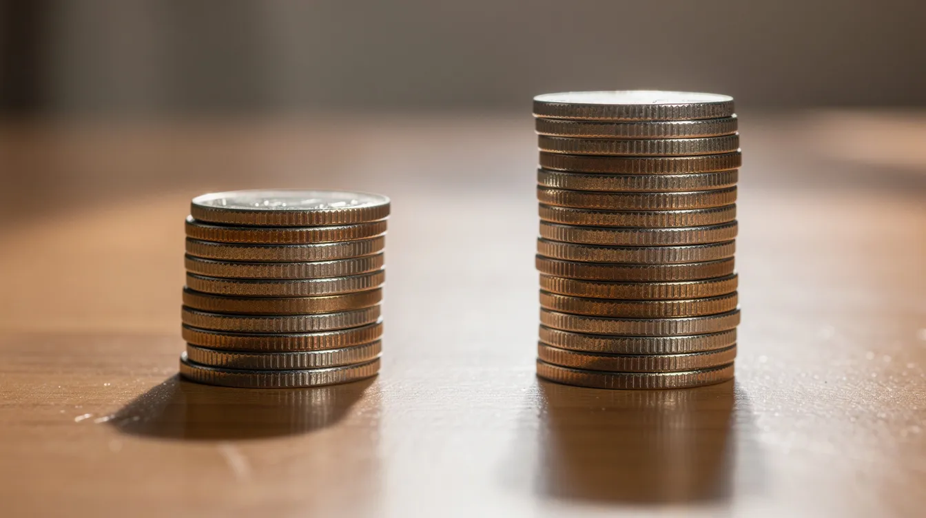 The image depicts two stacks of coins on a table, separated by a noticeable gap, symbolizing the concept of hard money lending and the financial considerations of investors. This visual representation highlights the importance of funds and collateral in real estate investment and private lending scenarios.