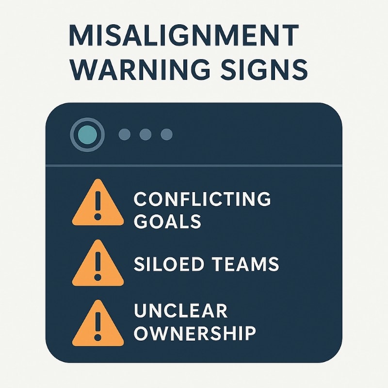 Infographic titled “Misalignment Warning Signs” featuring a stylized dark navy dashboard interface. Three orange triangle warning icons are stacked vertically, each paired with a bold label: “Conflicting Goals,” “Siloed Teams,” and “Unclear Ownership.” The design uses clean sans-serif typography and teal accents, set against a minimalist light gray background to enhance clarity and memorability. ChatGPT fragen