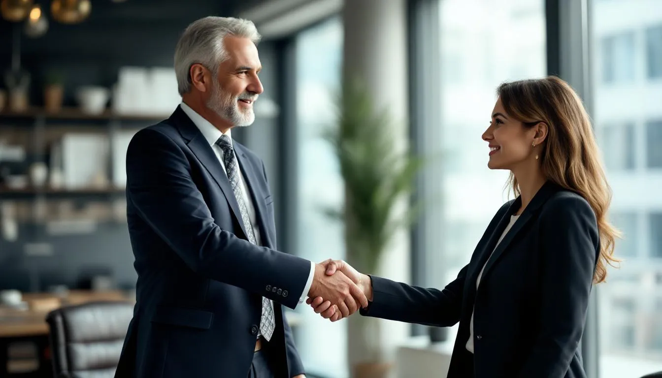 In the image, an attorney and a client engage in a professional handshake, symbolizing the start of a legal partnership, possibly related to a wrongful death lawsuit. The setting conveys a sense of trust and commitment, essential for navigating the complexities of wrongful death claims and seeking justice for a loved one's death.