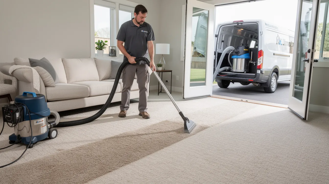 A professional carpet cleaning technician is using truck-mounted extraction equipment to perform a thorough cleaning of residential carpet, ensuring a fresh home free from pet odors and unpleasant smells. This efficient cleaning process is part of a full service carpet cleaning approach, aimed at maintaining clean floors in high traffic areas.
