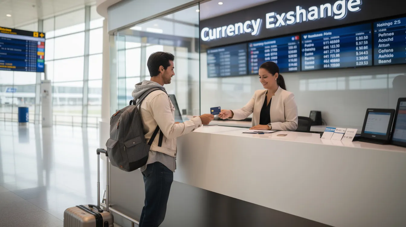 A traveler stands at an airport currency exchange booth, holding a debit card ready for a transaction. The scene captures the process of exchanging currency, highlighting the importance of payment methods like debit cards when sending money abroad.