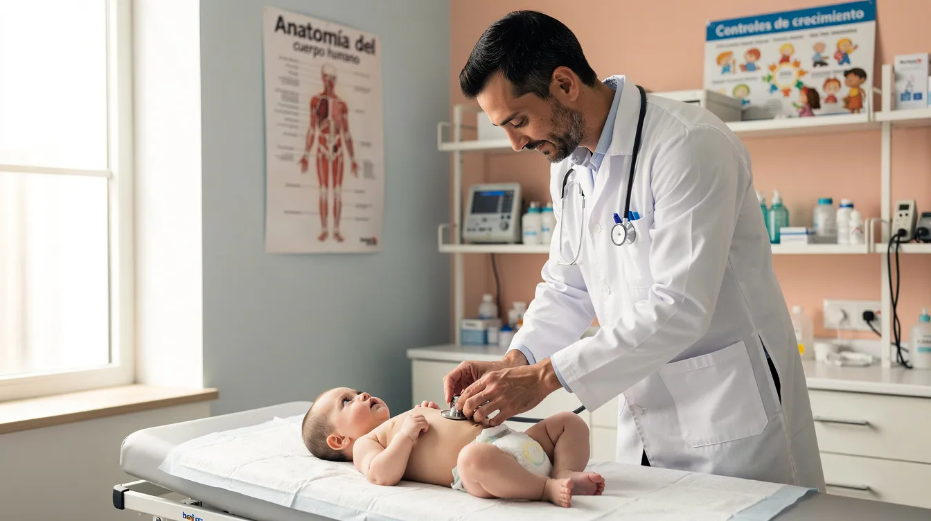 Un médico examina cuidadosamente a un bebé en un consultorio, asegurándose de que no haya signos de lesiones de nacimiento o complicaciones que puedan indicar negligencia médica infantil. La escena refleja la importancia de la atención adecuada a los niños para garantizar su salud y bienestar.