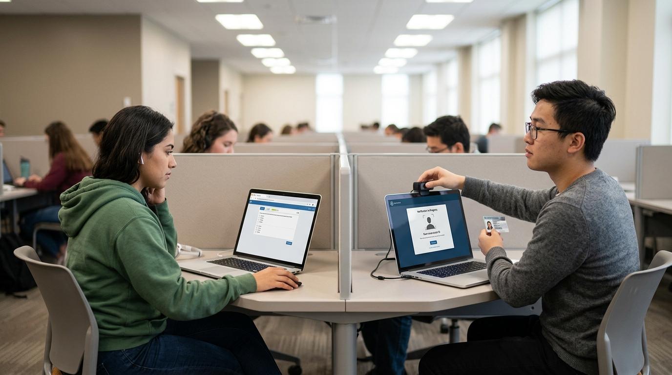 Student seamlessly accessing a secure browser-based virtual exam environment on a laptop while another student completes identity verification before launching a dedicated exam application.